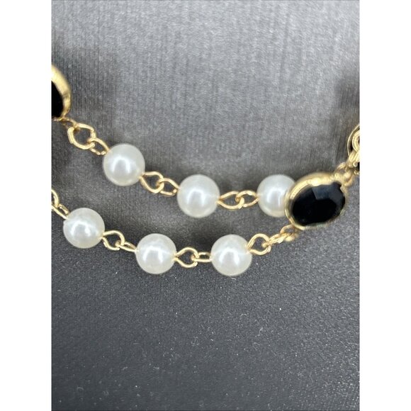 1928 Necklace Faux Pearl Black Glass Bead Gold Tone 42" Flapper Elegant Vtg - Picture 4 of 7